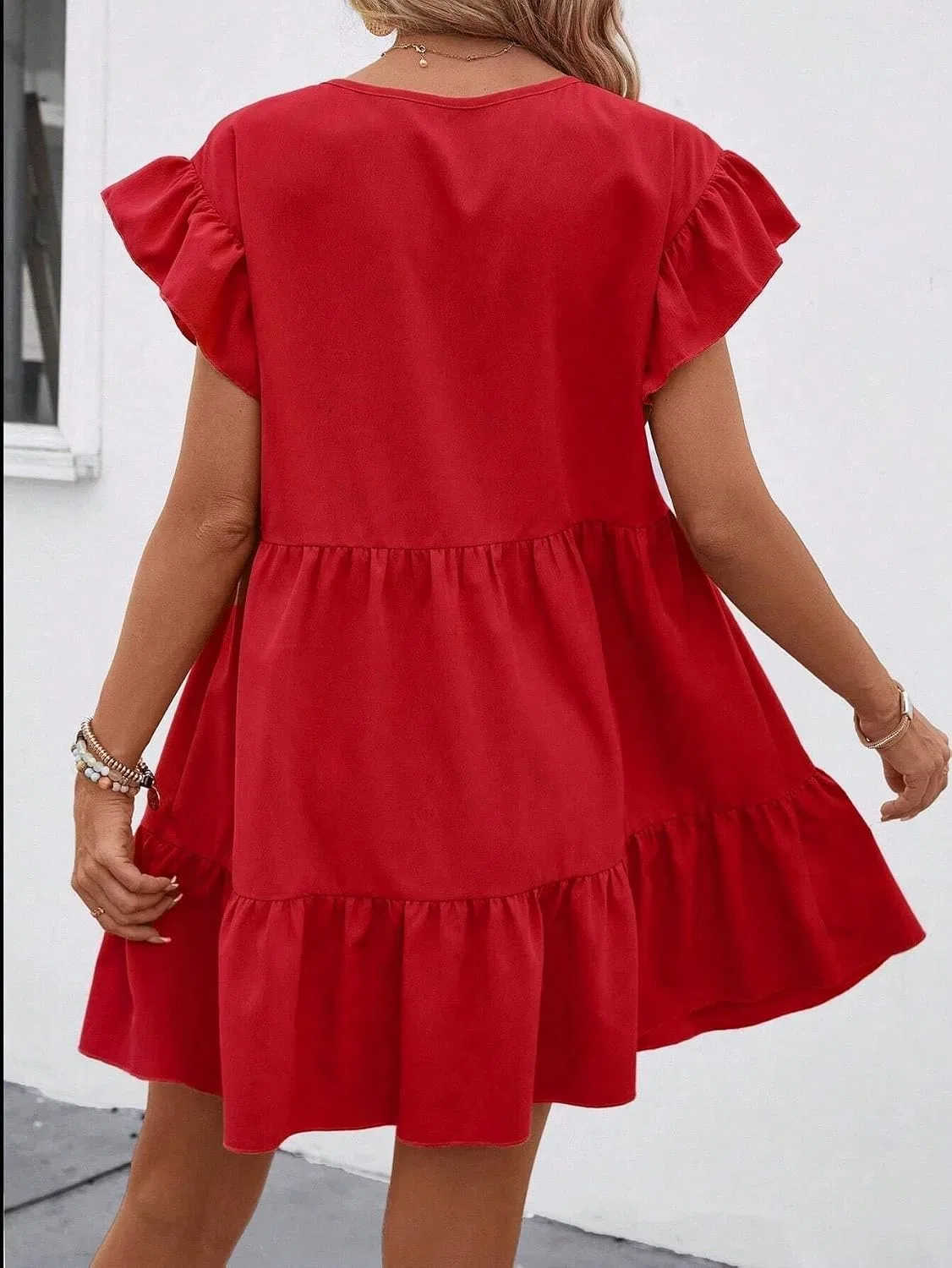Женское свободное миди-платье с круглым вырезом, Red — фото 3