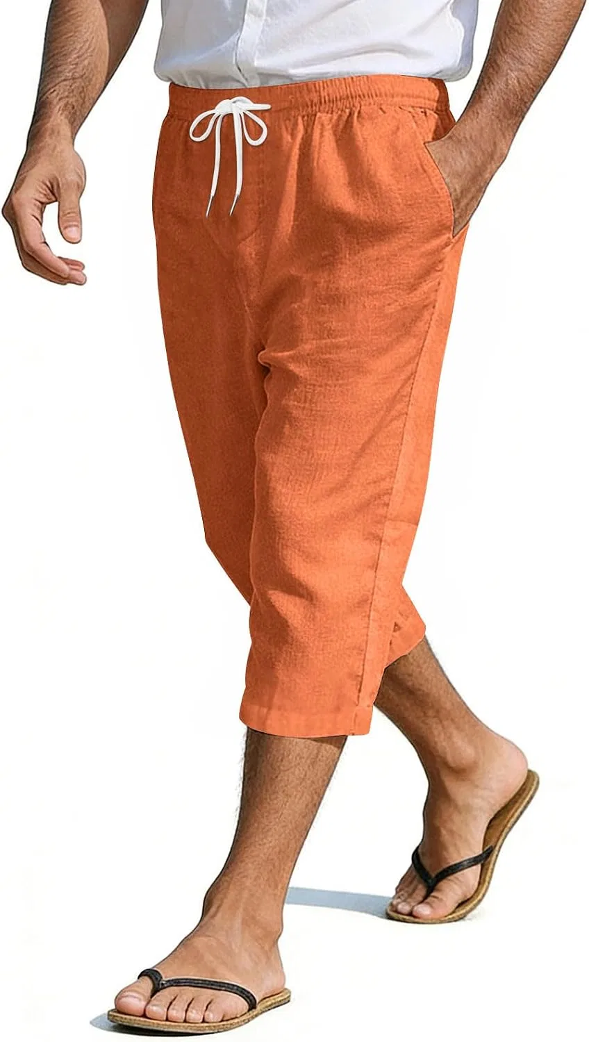 Мужские льняные брюки-капри Casual с эластичным поясом Orange — фото 4