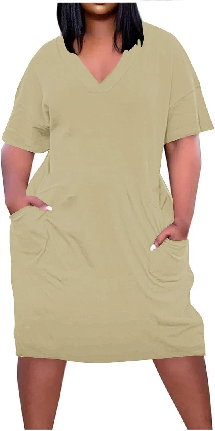 Женское свободное V-образное платье-футболка с карманами, Beige