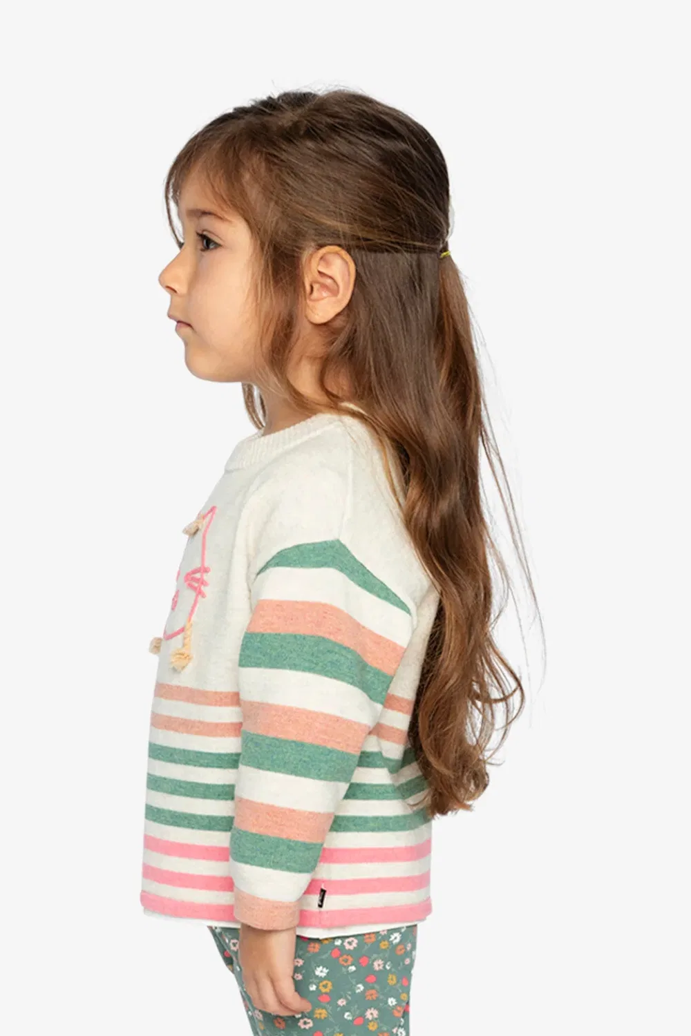 Детский свитер с длинным рукавом с аппликацией кота Knitted Stripe Sweater Deux par Deux, Off-White — фото 3