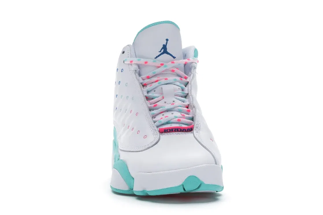 Детские кроссовки для мальчиков и девочек с принтом Jordan 13 Retro Jordan, White/Soar-Green-Pink — фото 2