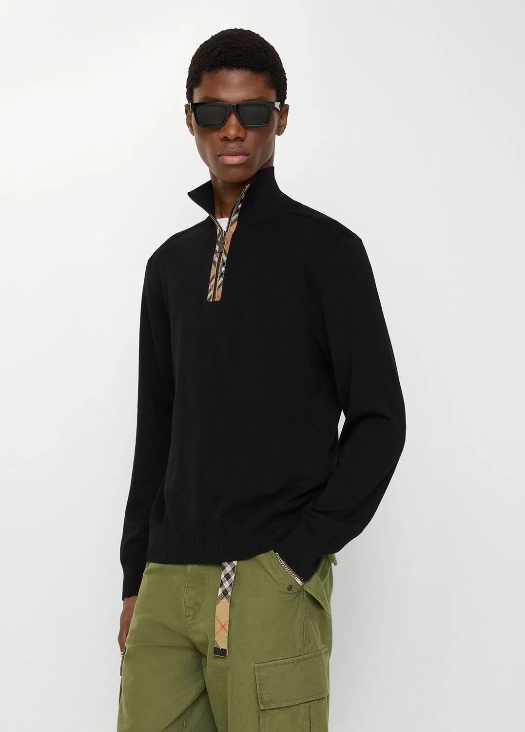 Свитер Burberry Check Trim Wool Half-Zip, черный — фото 2