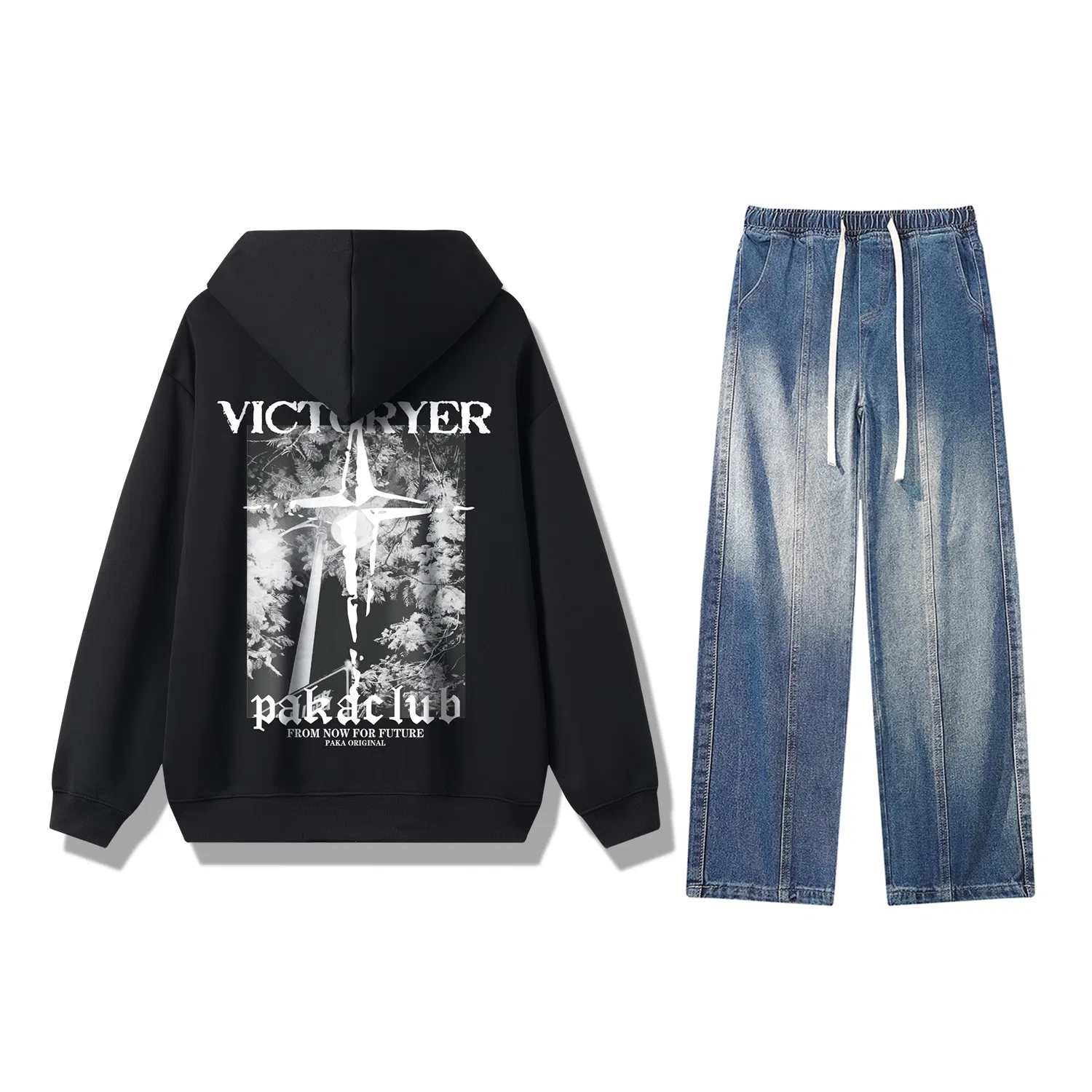 Детский комплект из худи и брюк с капюшоном PAKA, Black Top+Vintage Blue Pants