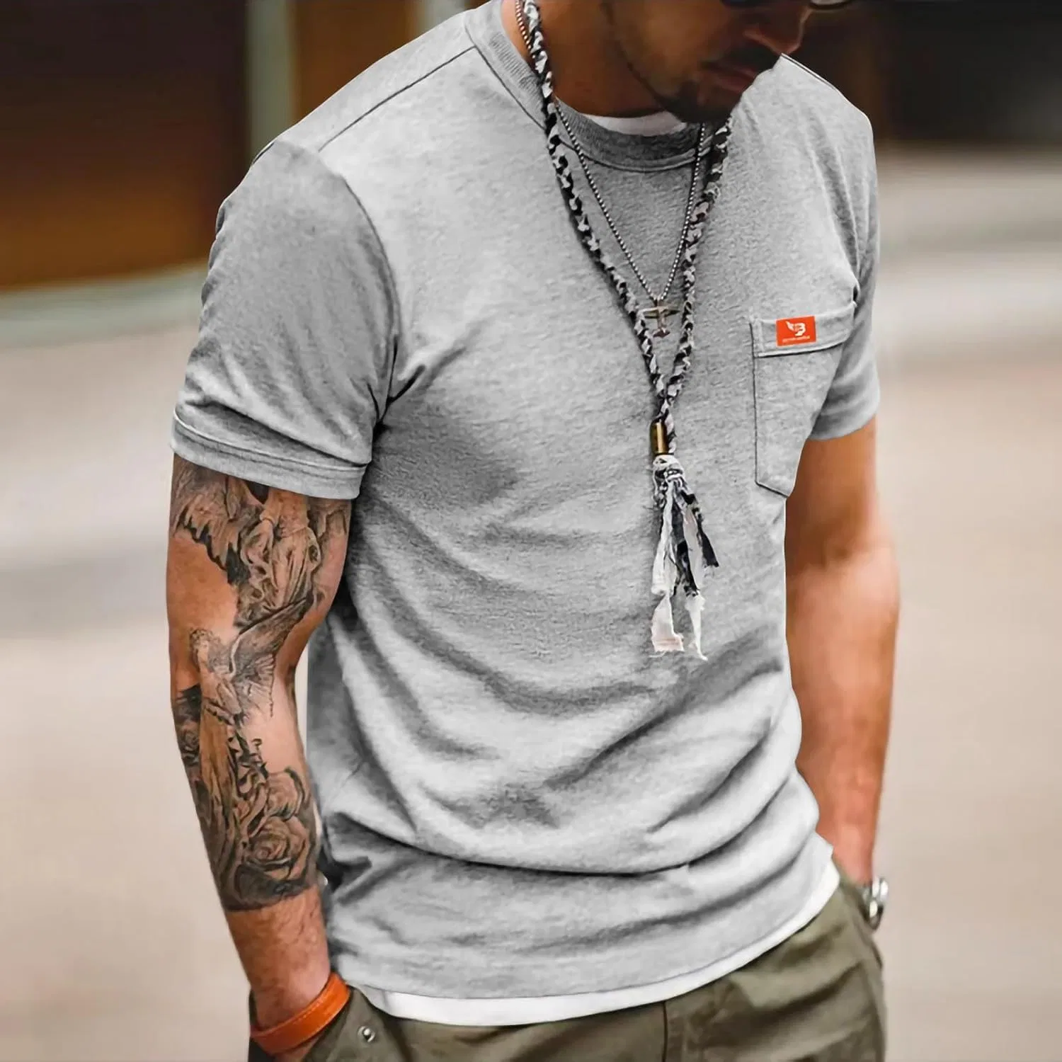 Мужская свободная футболка с карманом Cotton, Gray — фото 2