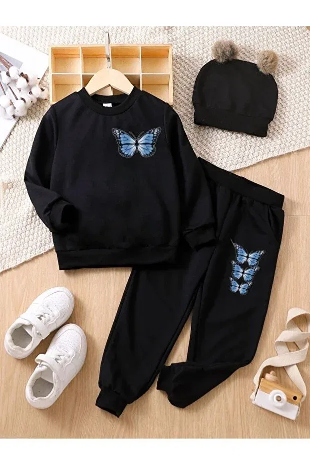 Детский спортивный костюм для девочек с принтом Blue Butterfly Printed Topçu, Colored