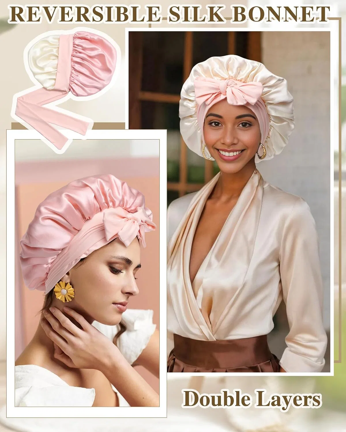 Шапочка для душа Silk, CHLINS, 2 слоя, Pink and Cream — фото 3