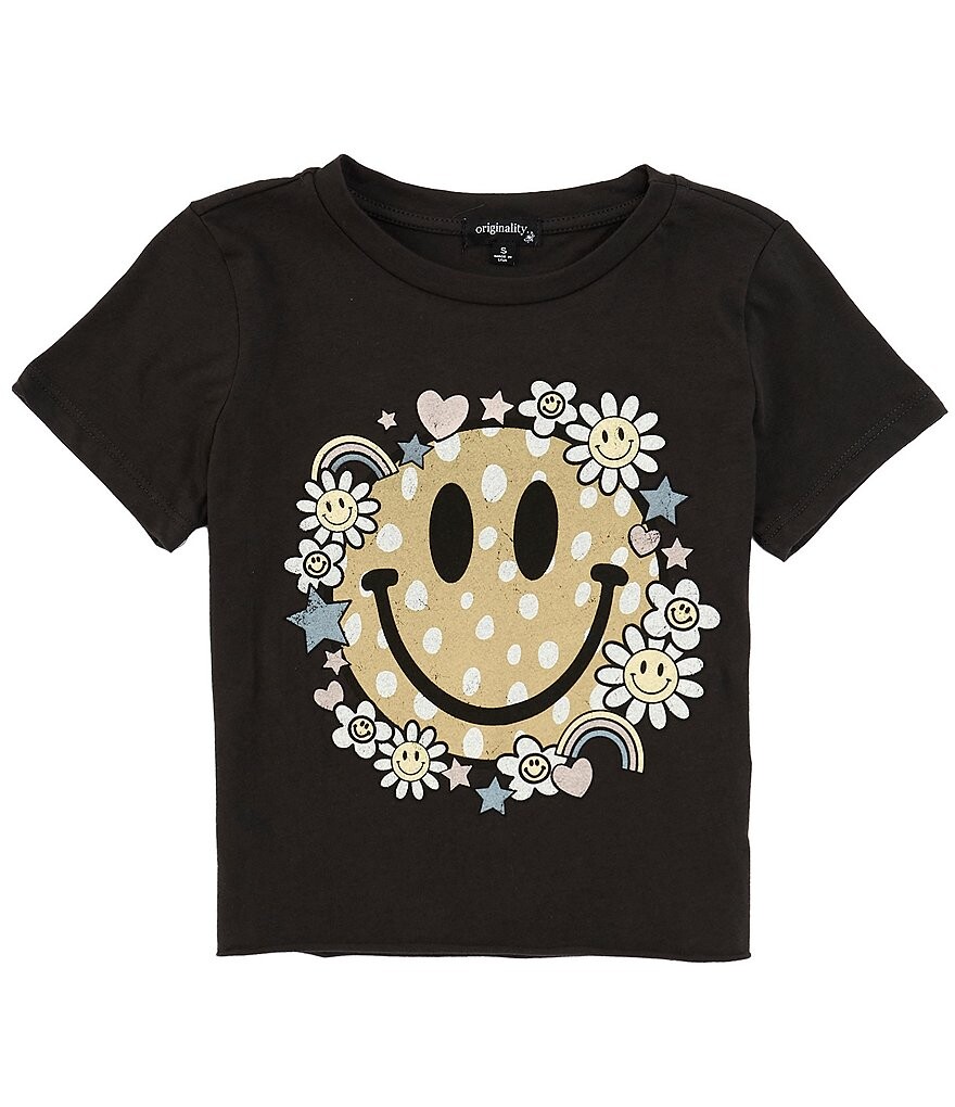 

Оригинальная укороченная футболка со смайликом для больших девочек 7–16 лет с короткими рукавами и радужным сердечком и звездой Originality, черный
