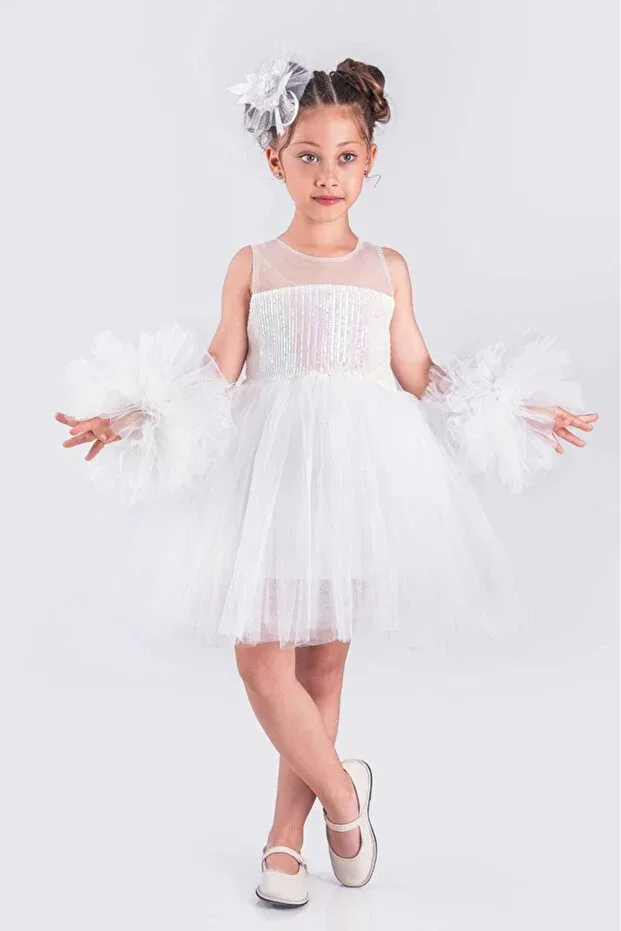 Детское платье для девочек с пайетками Pompom Sleeves And Sequined Tutu Vestitino, White