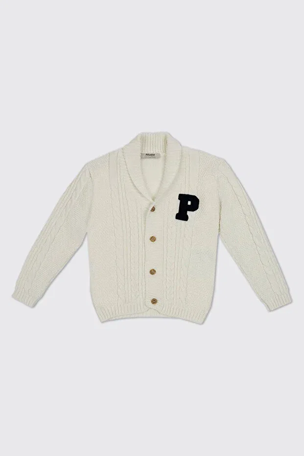 Детский кардиган с пуговицами, с длинным рукавом, однотонный, Boy'S Buttoned Letter Detailed Ecru Cardigan Panço, 018-Ekru — фото 3