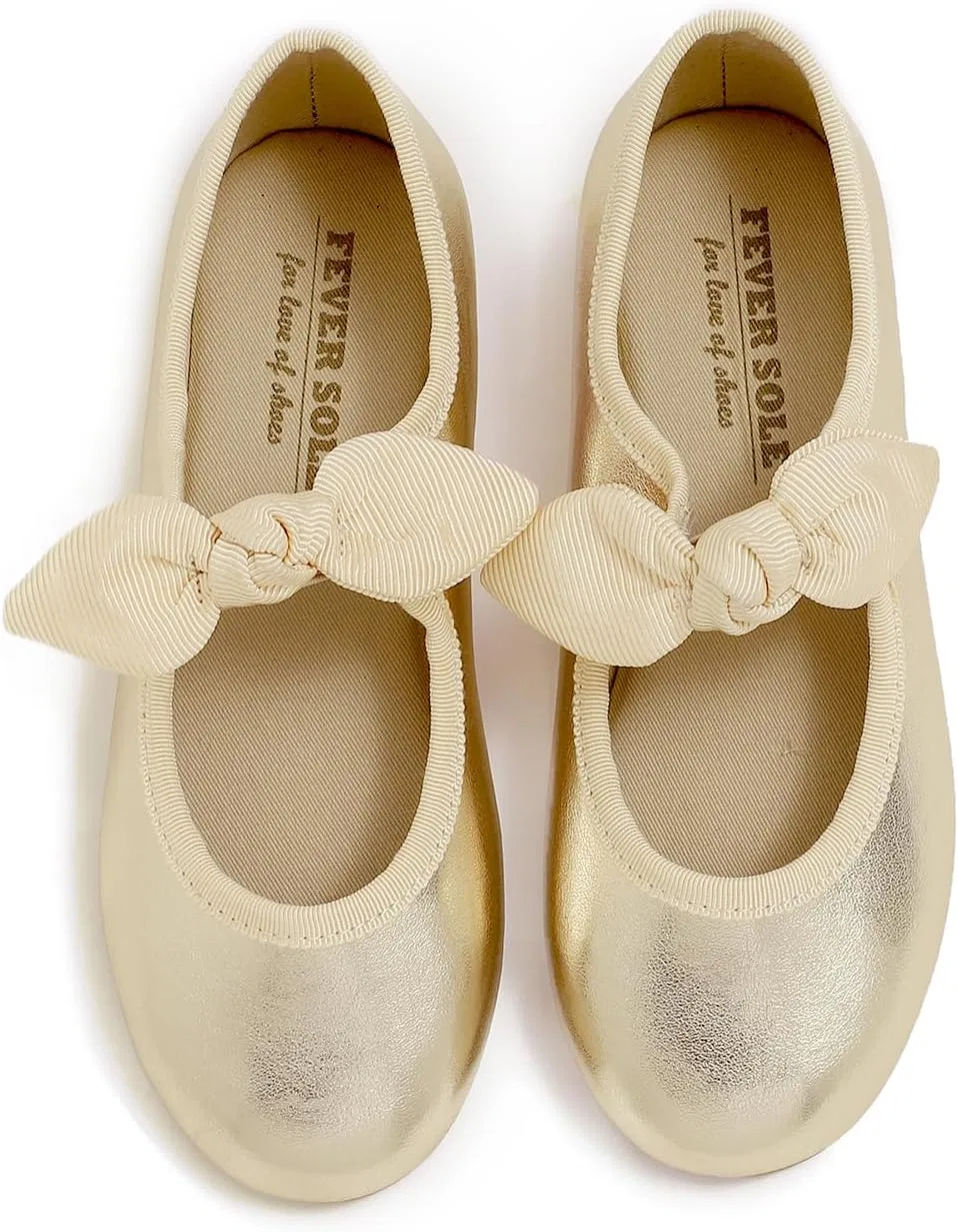 Детские туфли для девочек с пряжкой FEVERSOLE, Vegan Leather Bow Elastic Maryjane Gold — фото 2