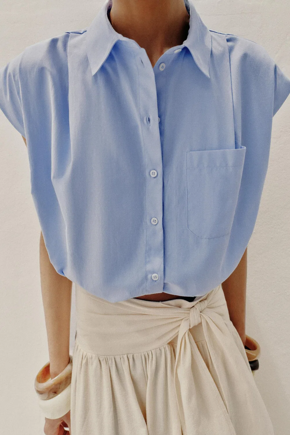 Укороченная рубашка с воздушным шаром ZARA, Light Blue — фото 4
