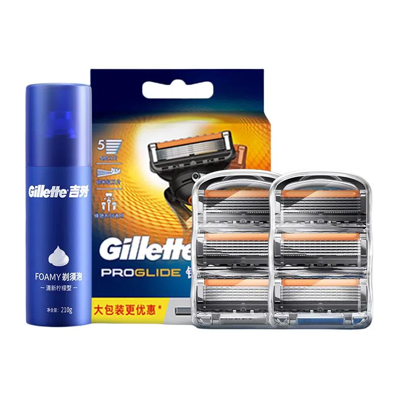 Мужской сменный картридж для бритвы Gillette, 6 шт, с лимонной пеной для бритья 210 г, Black
