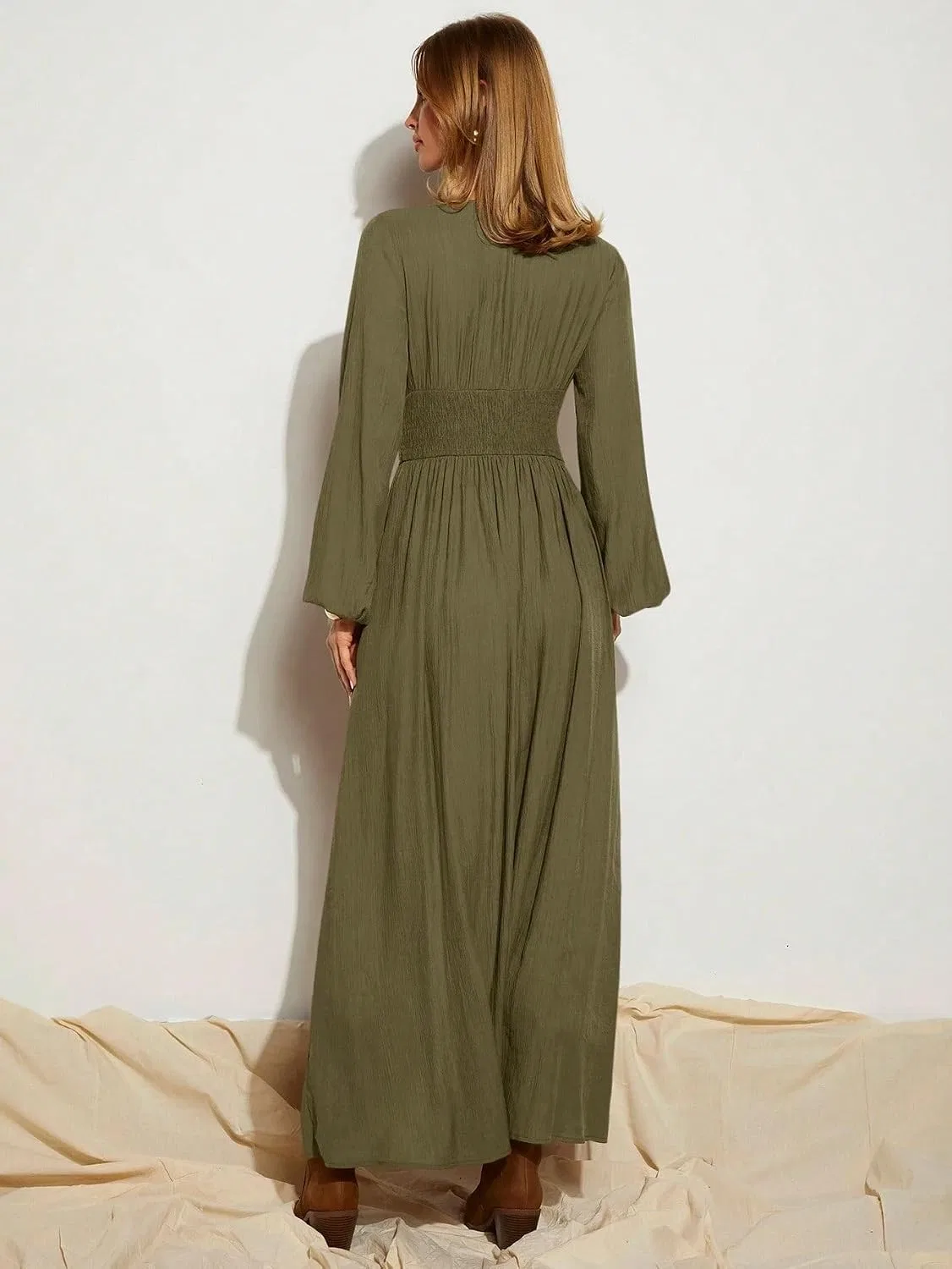 Женское длинное рукава макси платье с высоким разрезом A Line, Army Green — фото 3