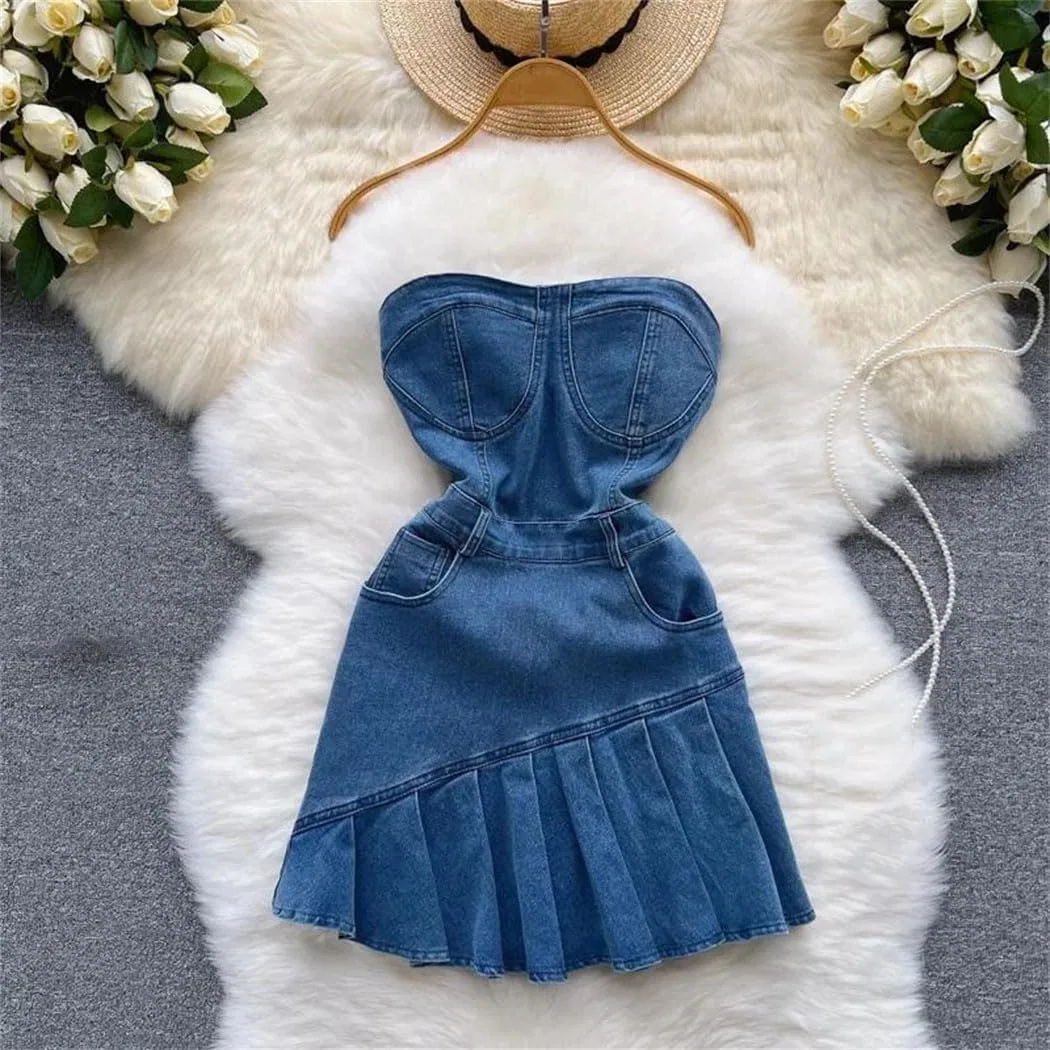 Женское джинсовое мини-платье A-line без бретелек, Blue — фото 3