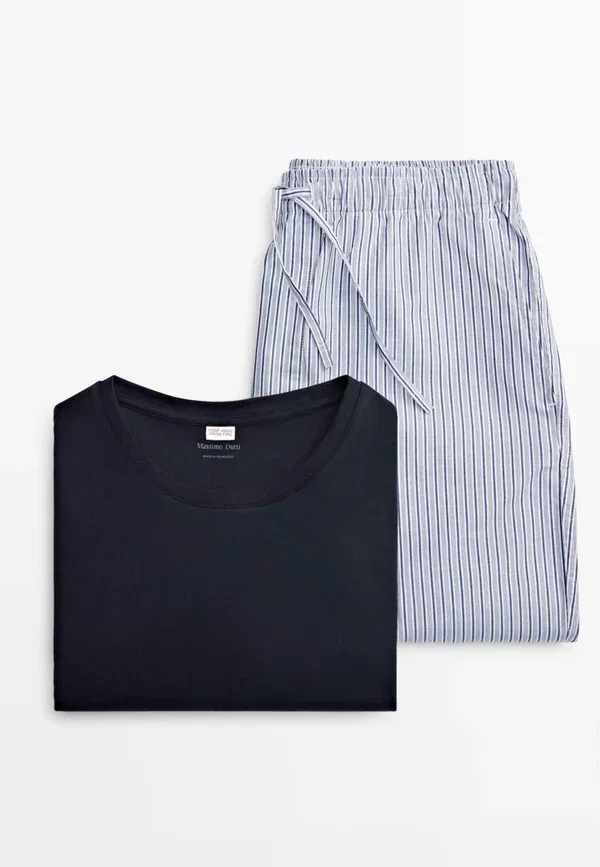 Пижамный комплект из хлопка Short sleeve pyjama top and striped trousers, Massimo Dutti, Dark blue, темно-синий — фото 4