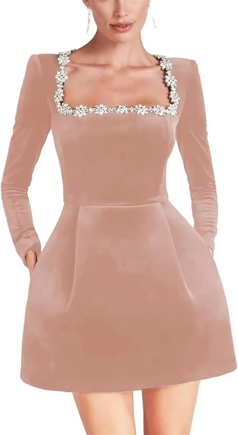 Женское вечернее мини-платье с бисером A-line YHW39, Blush Pink