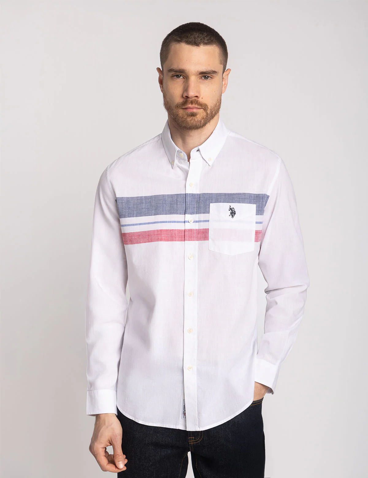 

Рубашка U.S. Polo Assn Long Sleeve Engineered Stripe Poplin, белый/красный/синий
