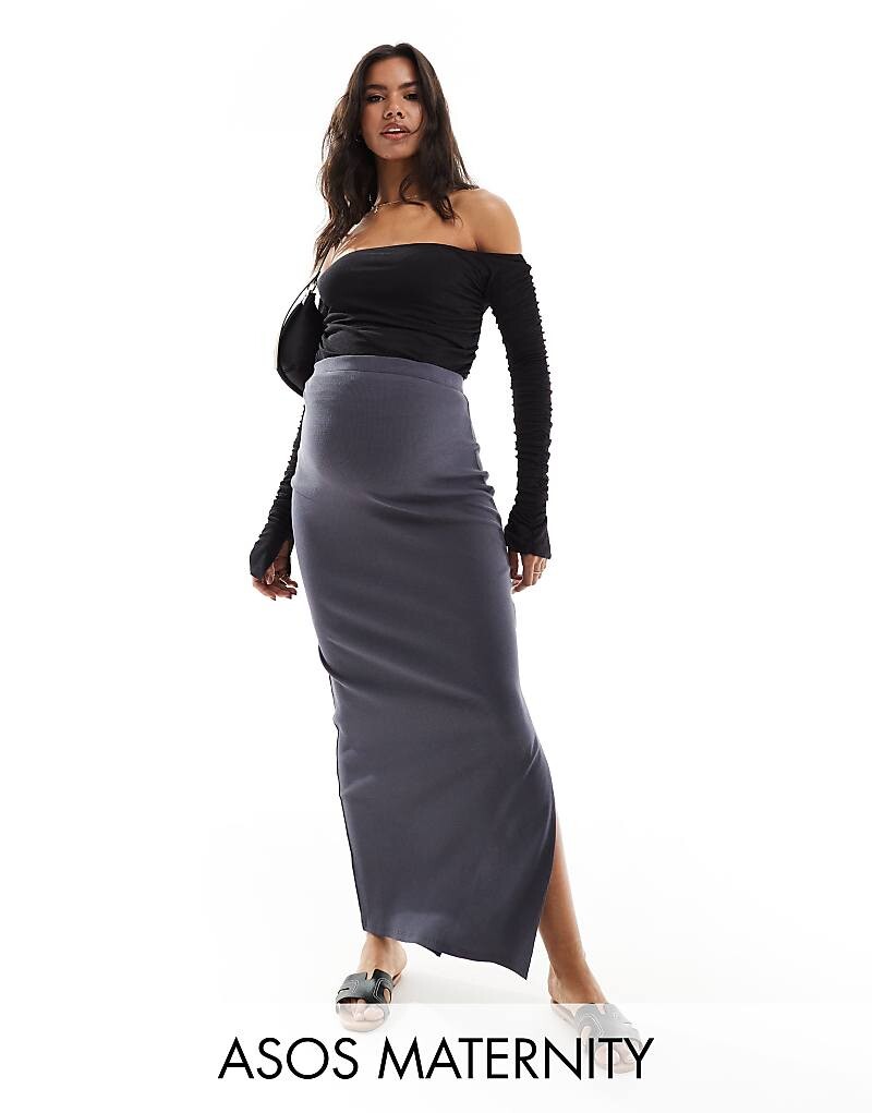 

Темно-серая юбка макси в рубчик с разрезом по бокам ASOS DESIGN Maternity