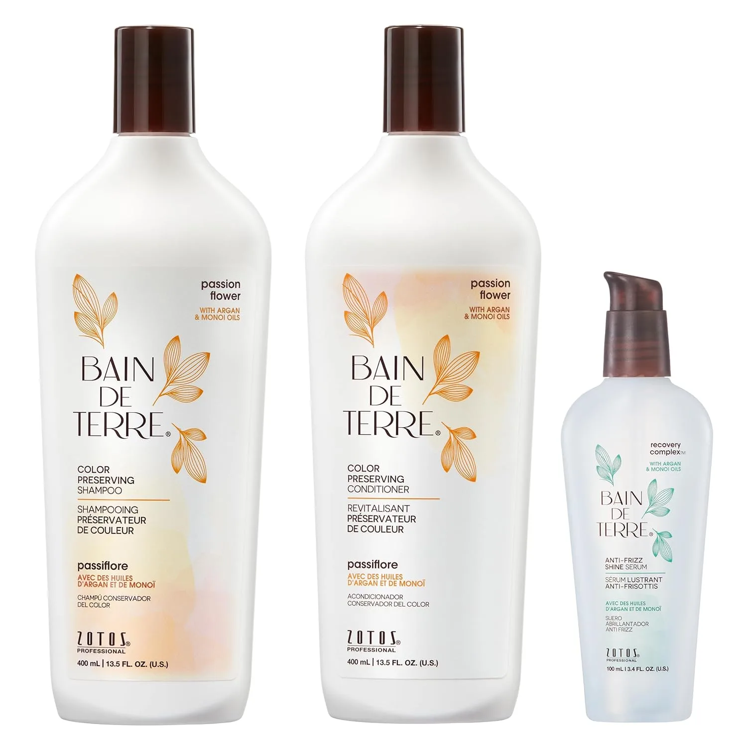 Кондиционер Bain de Terre Passion Flower для сохранения цвета, интенсивное увлажнение и защита от выцветания с аргановым и монои маслами, без парабенов, веганский 399/100 мл (3 шт.), Green
