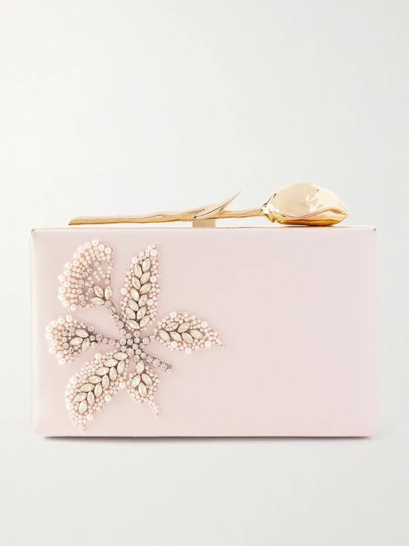 Клатч Bloom из атласа, украшенный кристаллами ERDEM, розовый