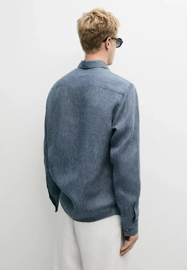 Рубашка из льна с полосками Massimo Dutti, Mottled Dark Blue, темно-синий — фото 3