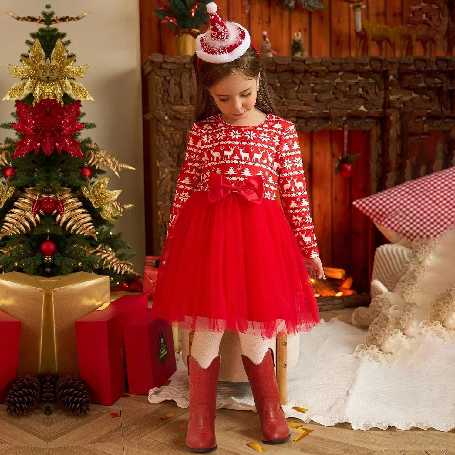 Детские сапоги для девочек с принтом Cowgirl Boots LAURMOSA, Red — фото 3