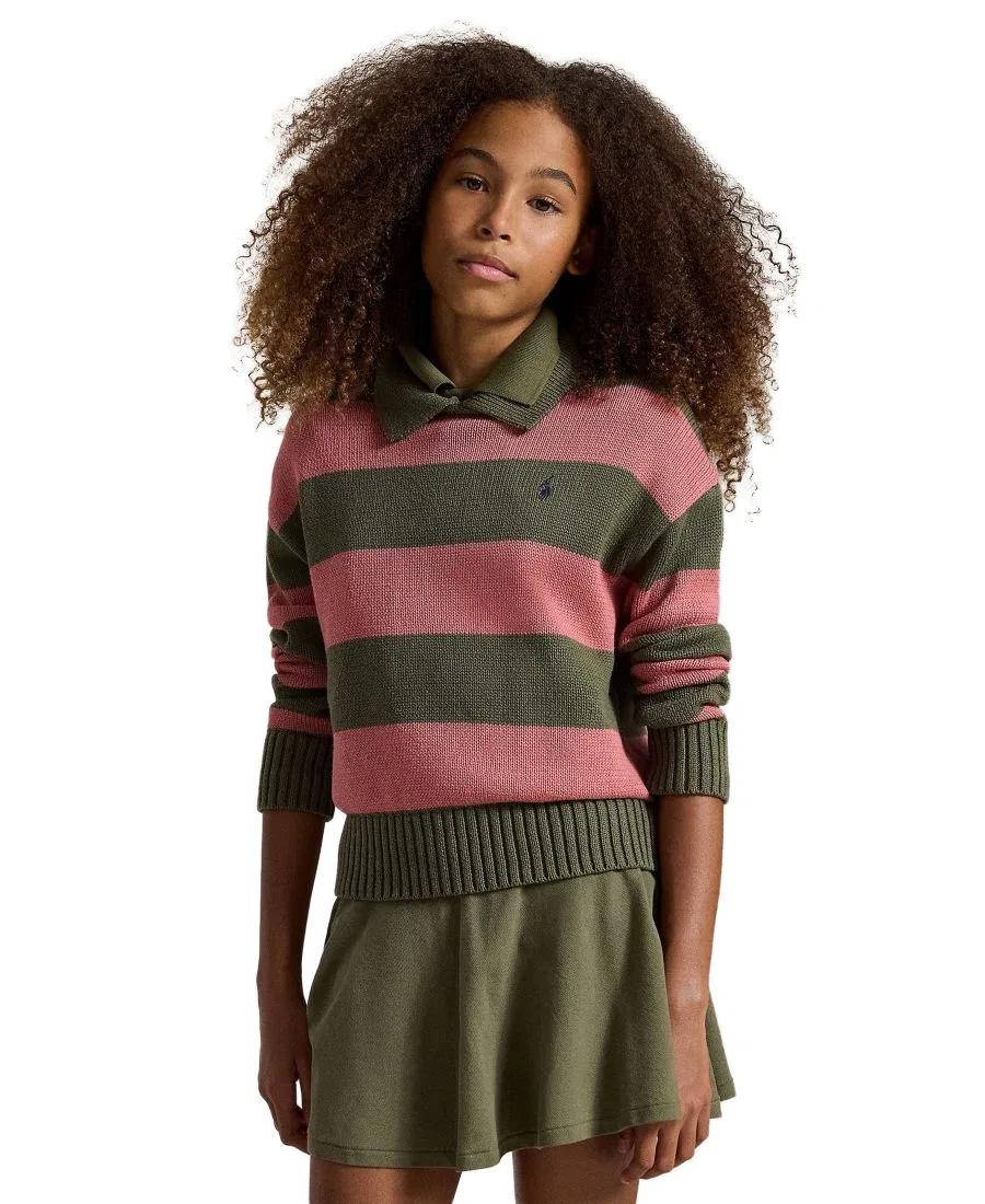 Свитер-поло с длинным рукавом, модель Striped Long-Sleeve Polo Sweater Polo Ralph Lauren, Cruise Olive Multi