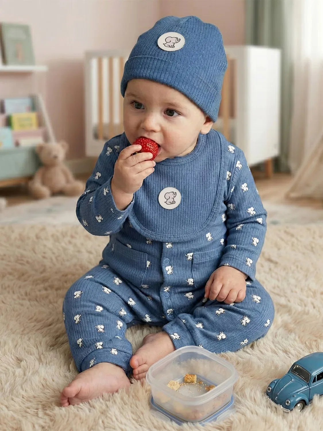 Комплект из риба с комбинезоном, шапочкой и слюнявчиком Babies Basic, синий — фото 3