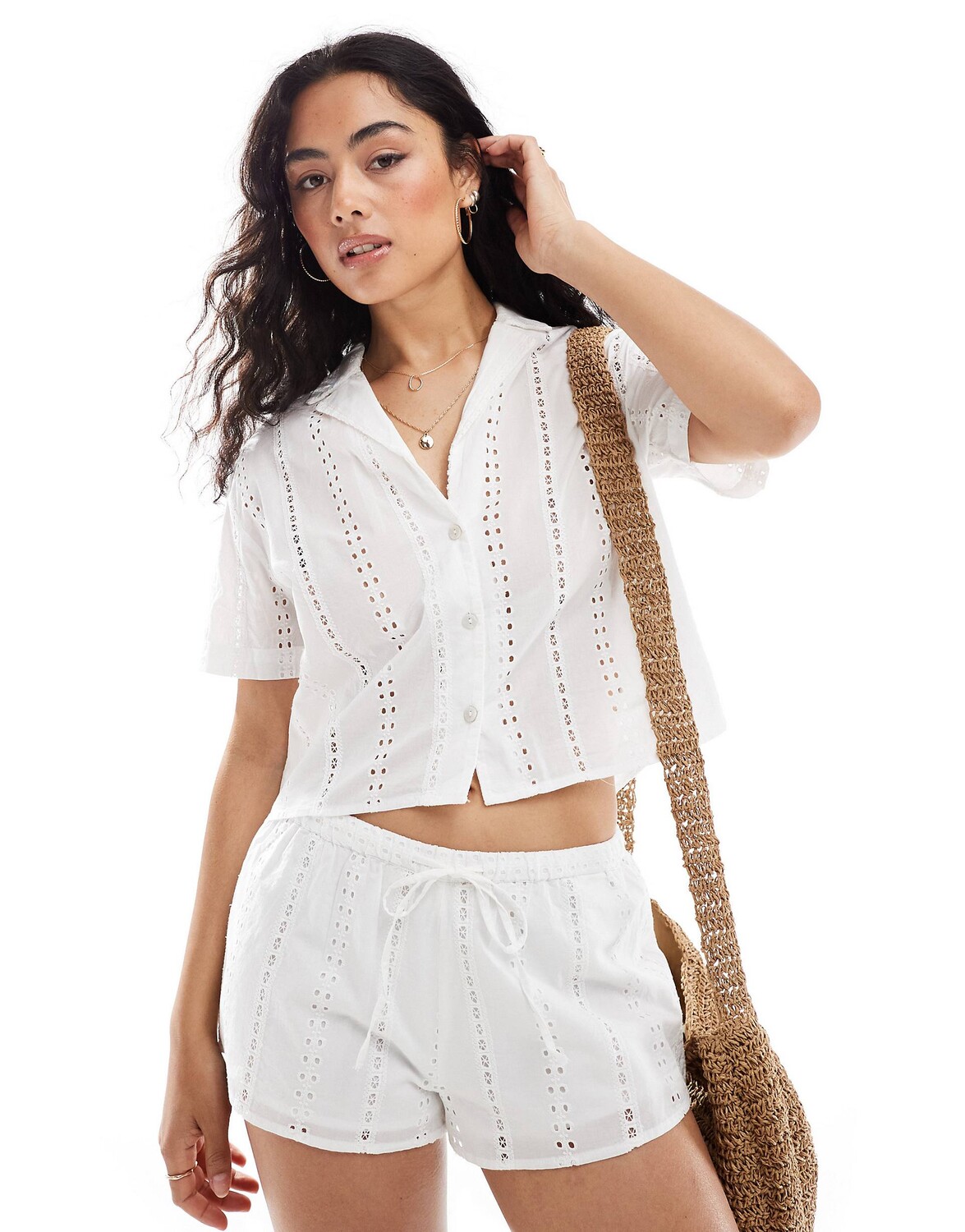 

Рубашка Pull&Bear Broderie Detail Co-ord, белый