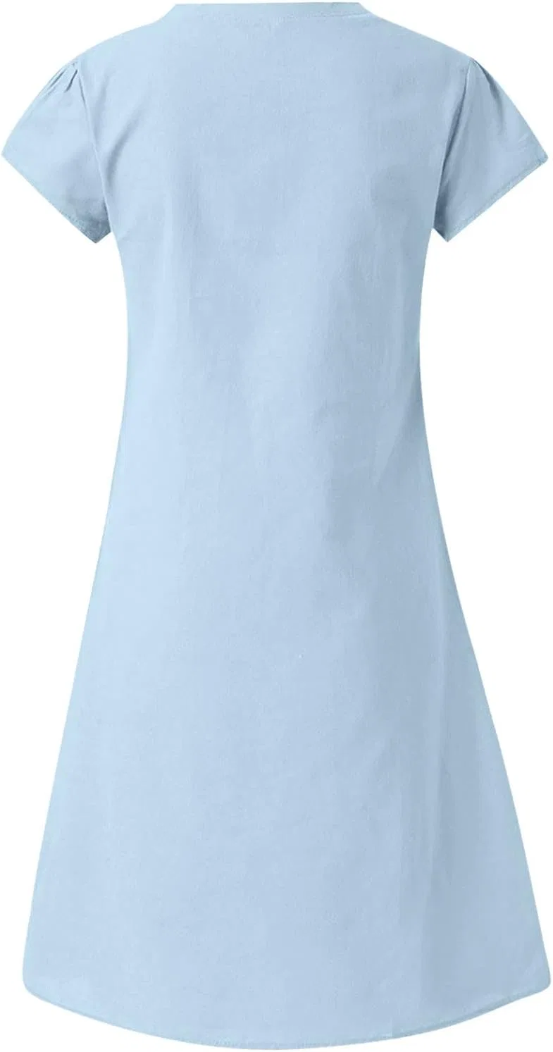 Женское летнее платье из хлопка и льна с V-образным вырезом, Light Blue — фото 4