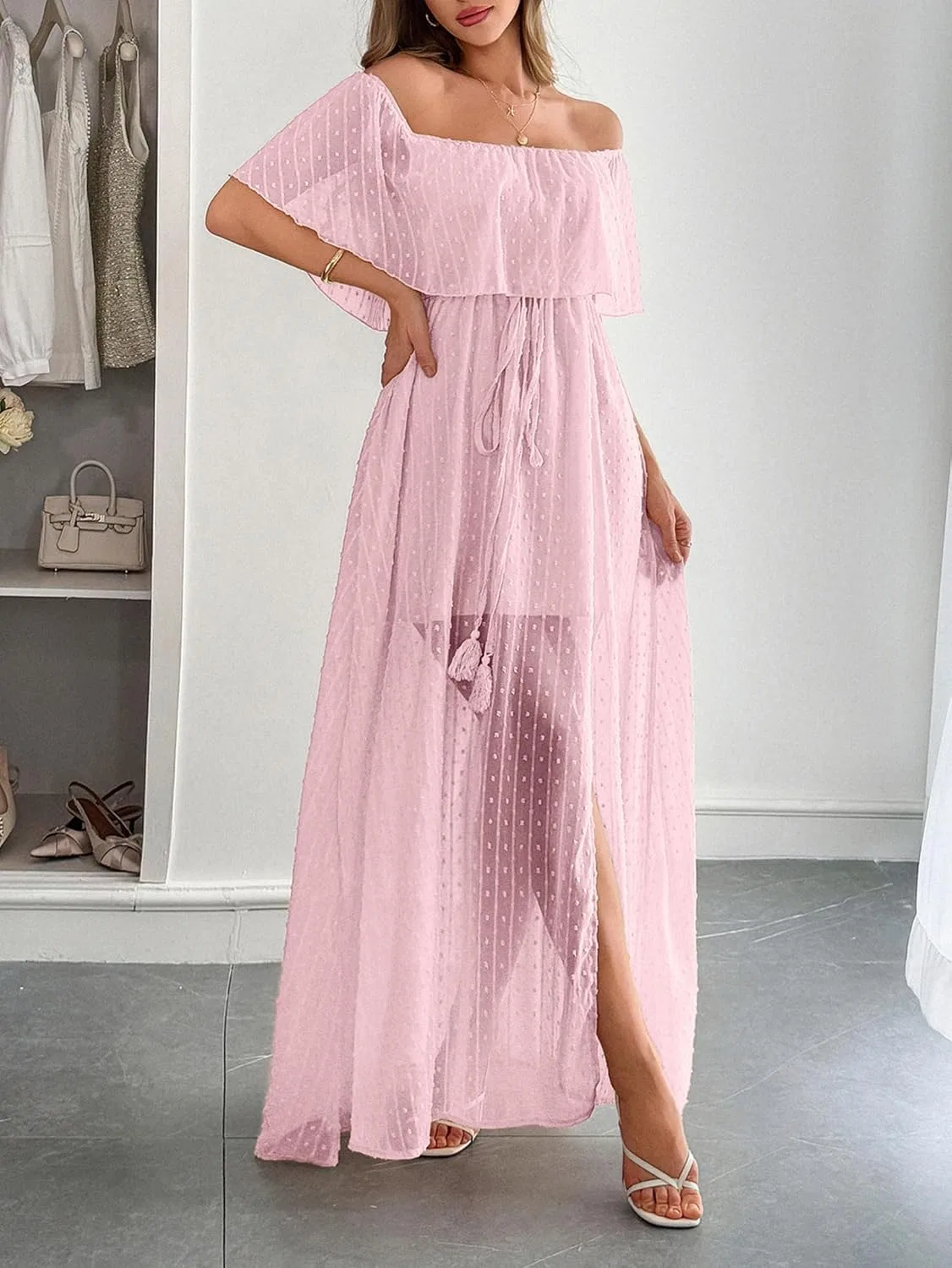 Женское летнее платье шифоновое A-силуэта с разрезом, Pink — фото 3