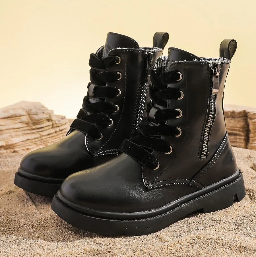 Детские ботинки с блестками на шнуровке и молнии kkdom, Leather Black — фото 3