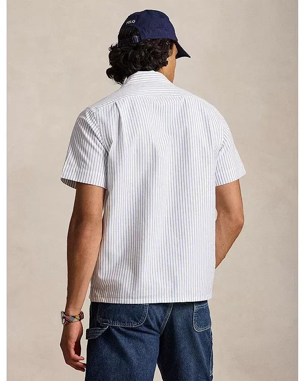 Мужская рубашка с коротким рукавом Classic Fit Stripe Oxford Pocket Shirt Polo Ralph Lauren, белый/синий — фото 3