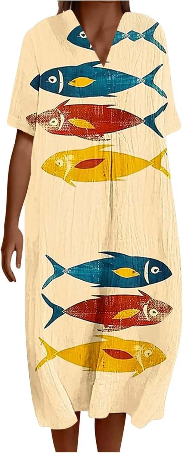 Пляжное макси-платье свободного кроя с принтом Fish, Multicolor