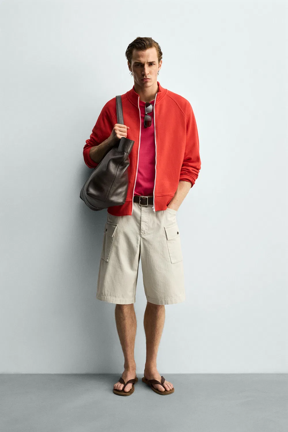 Толстовка свободного кроя с контрастной застежкой-молнией ZARA, Red