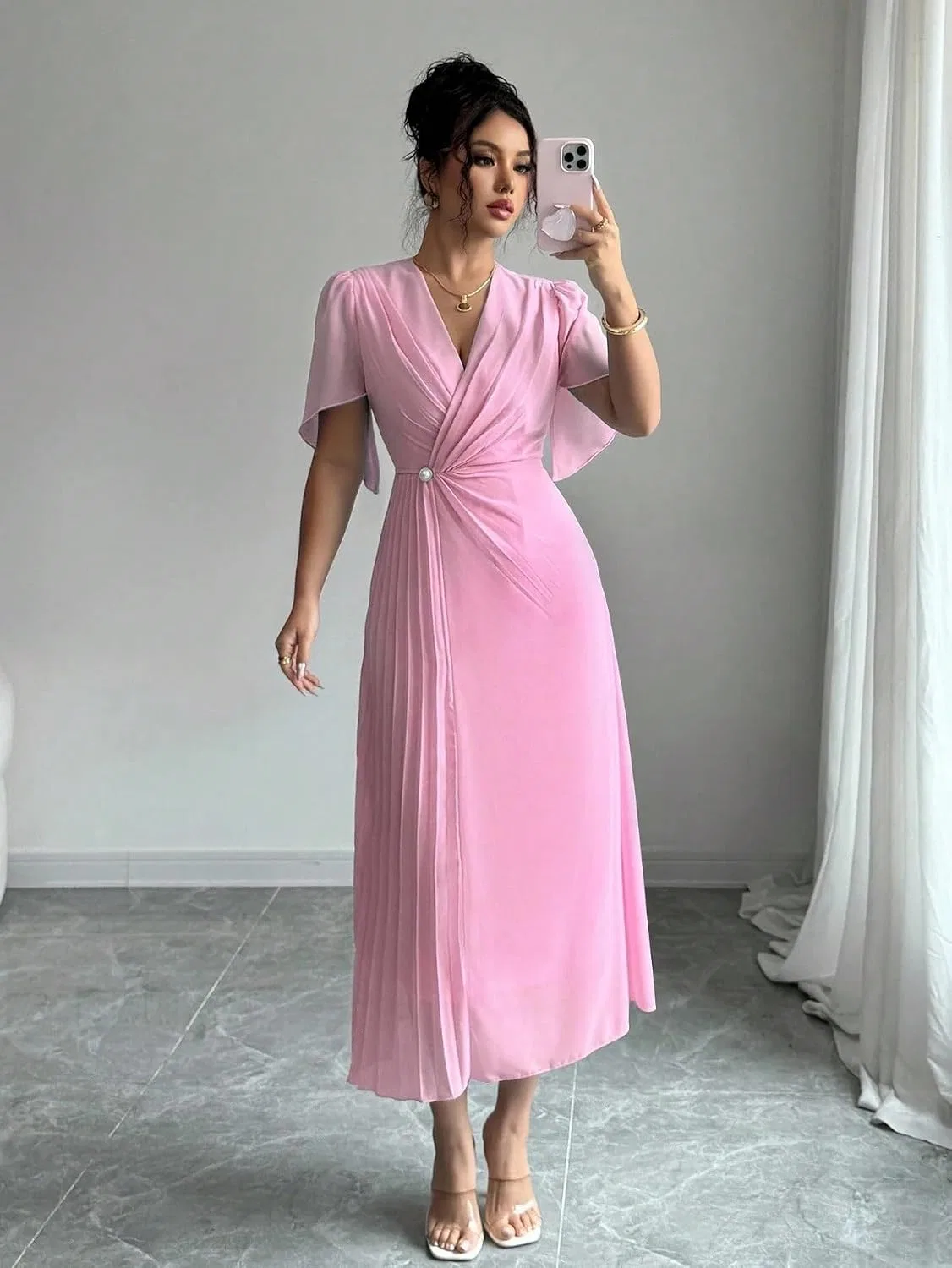 Женское элегантное платье с драпировкой V-образным вырезом, Pink — фото 4
