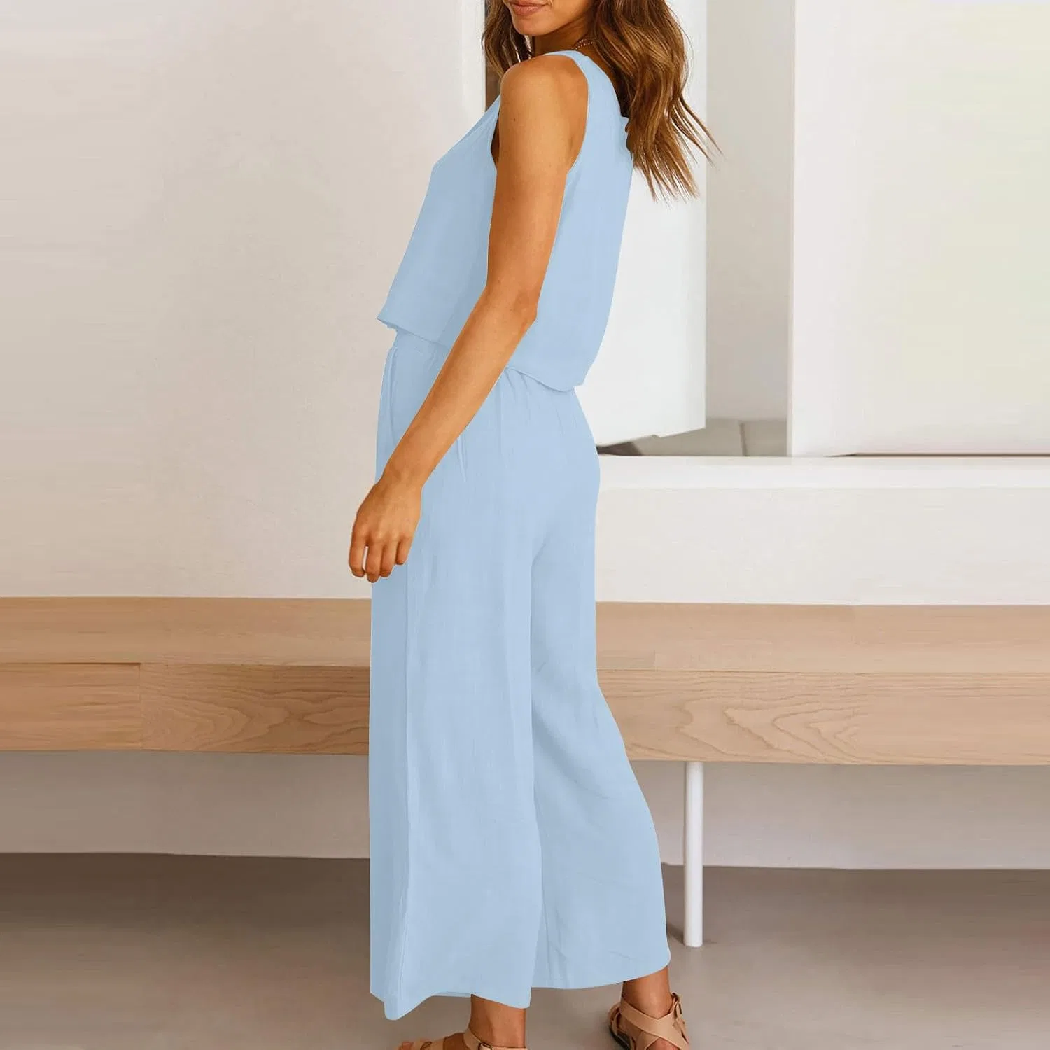 Женский летний костюм из льна с топом и широкими брюками, Light Blue — фото 3