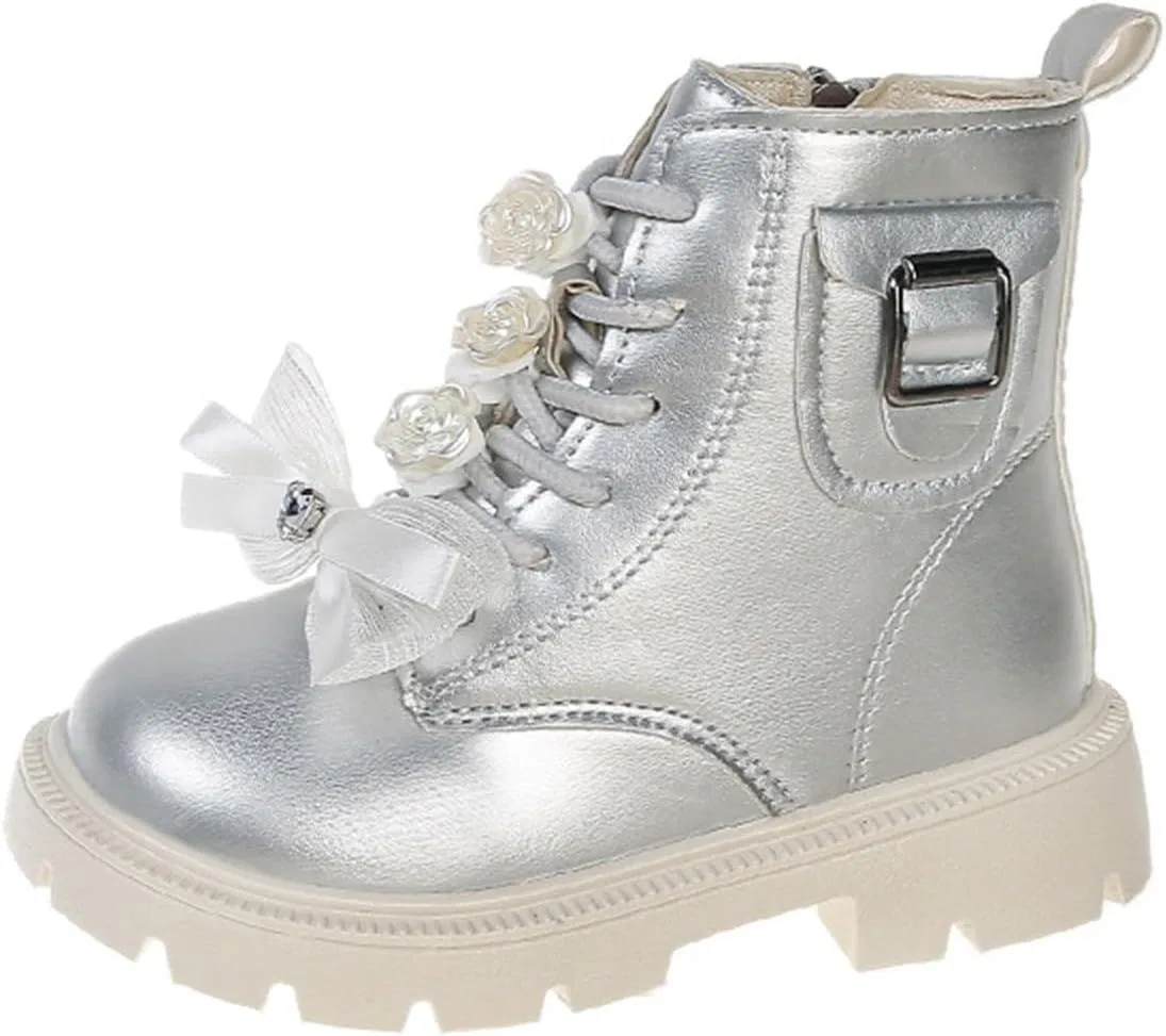Детские ботинки для девочек на шнуровке с мехом SHOPESSA, Silver