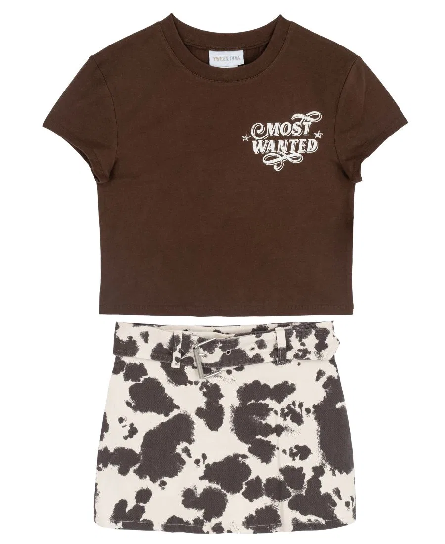 Комплект из футболки с принтом и шорт-юбки с поясом Tween Diva, Brown — фото 4