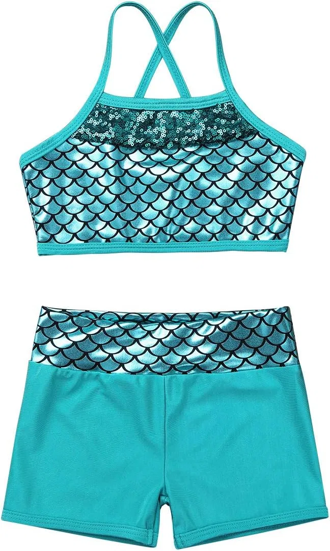 Детский спортивный комплект из топа и шорт, FEESHOW, Mermaid Green — фото 3
