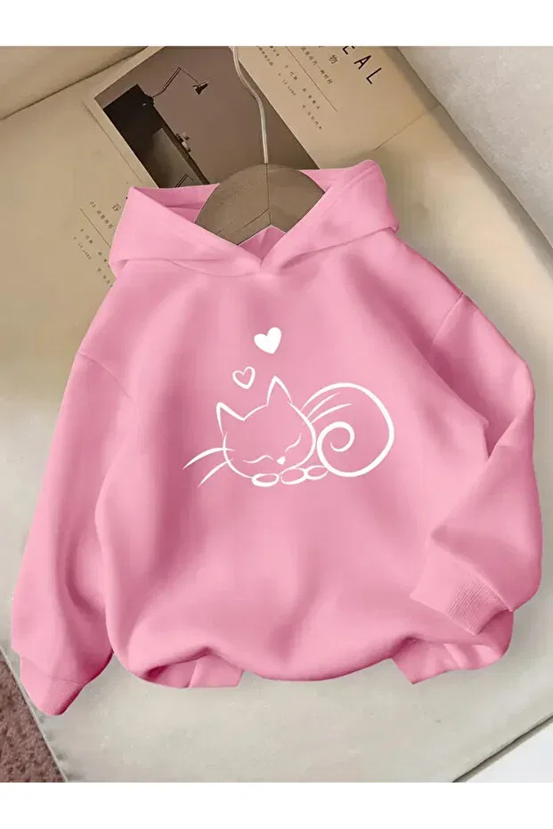 Детское худи для девочек с принтом Heart White Cat Raised Morning Kids, Black