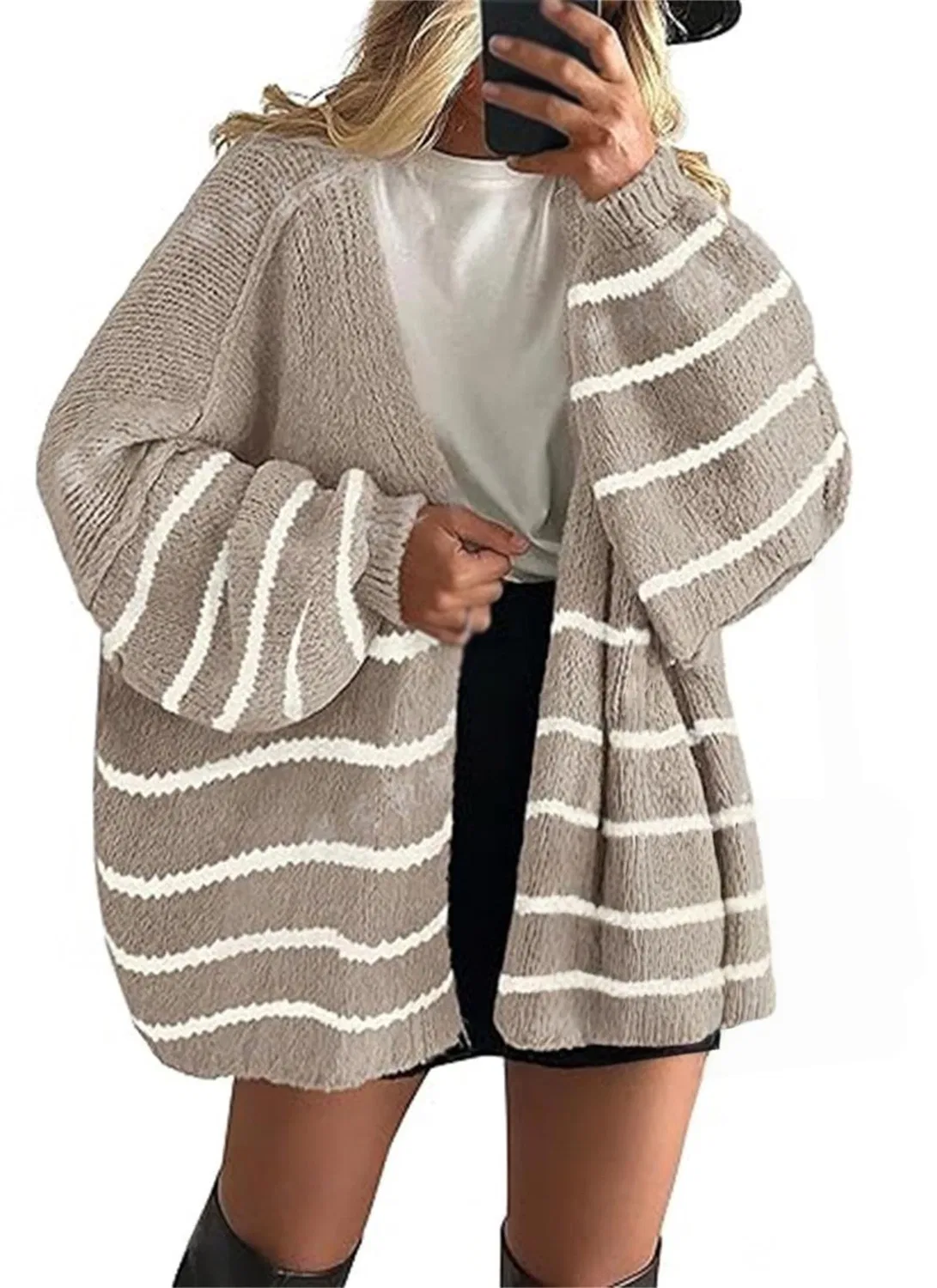 Женский удлиненный кардиган с фактурной вязкой и рукавом-фонарик, Khaki Stripe