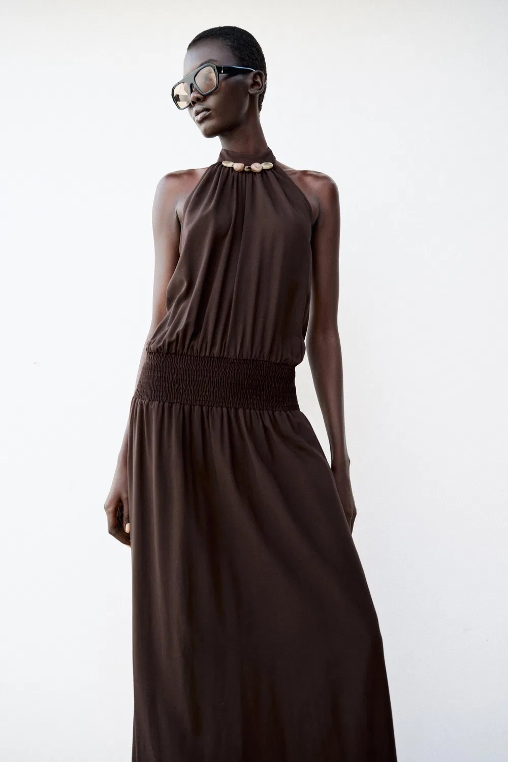 Платье с бисером и завязками на шее ZARA, Brown — фото 3