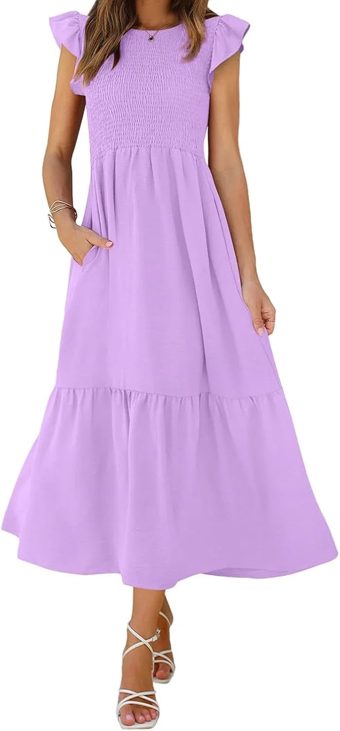 Женское летнее макси-платье с воланами на рукавах Flowy Solid, Purple