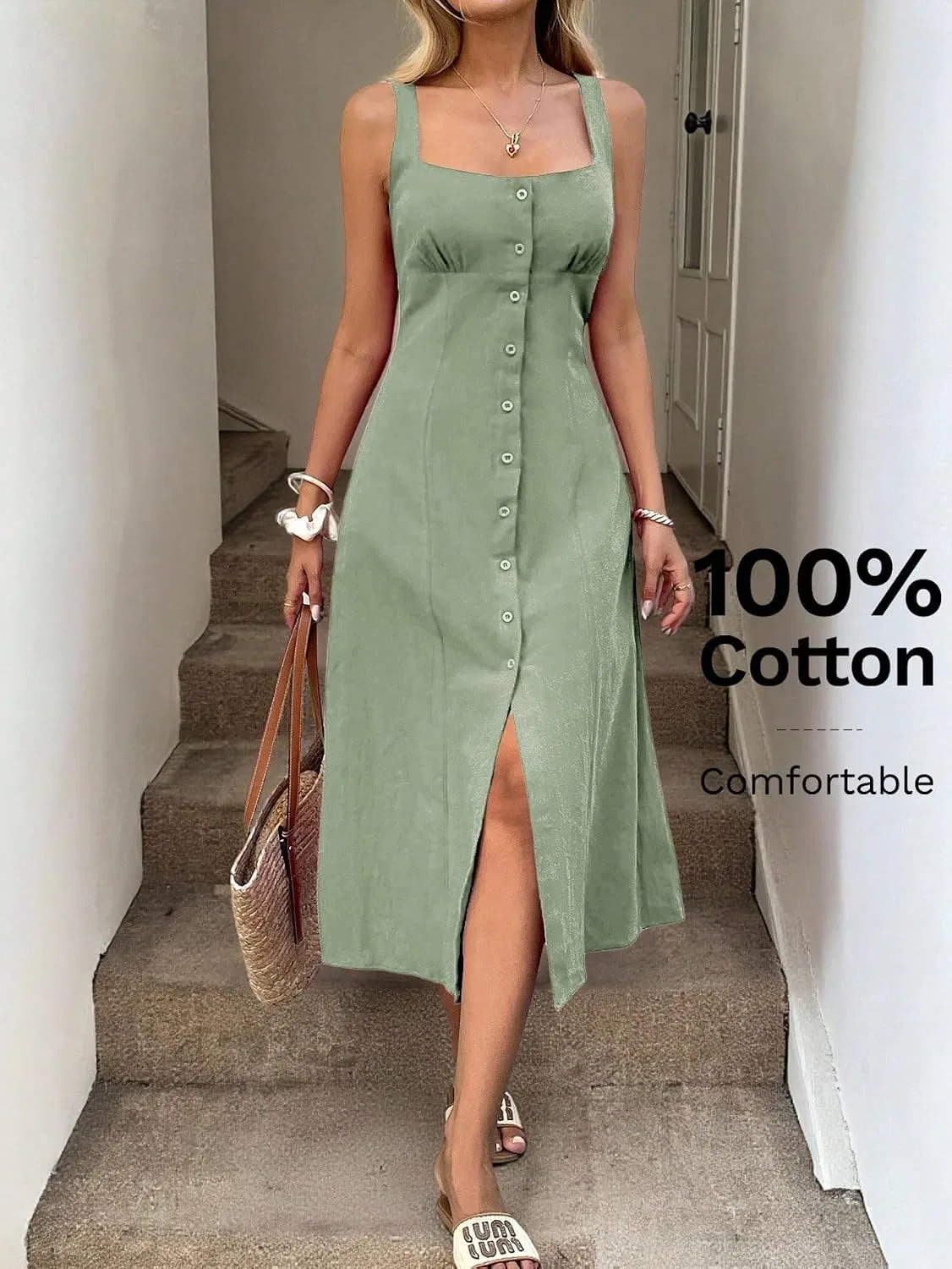 Женское повседневное миди-платье с разрезом A-line, Pastel Green — фото 4