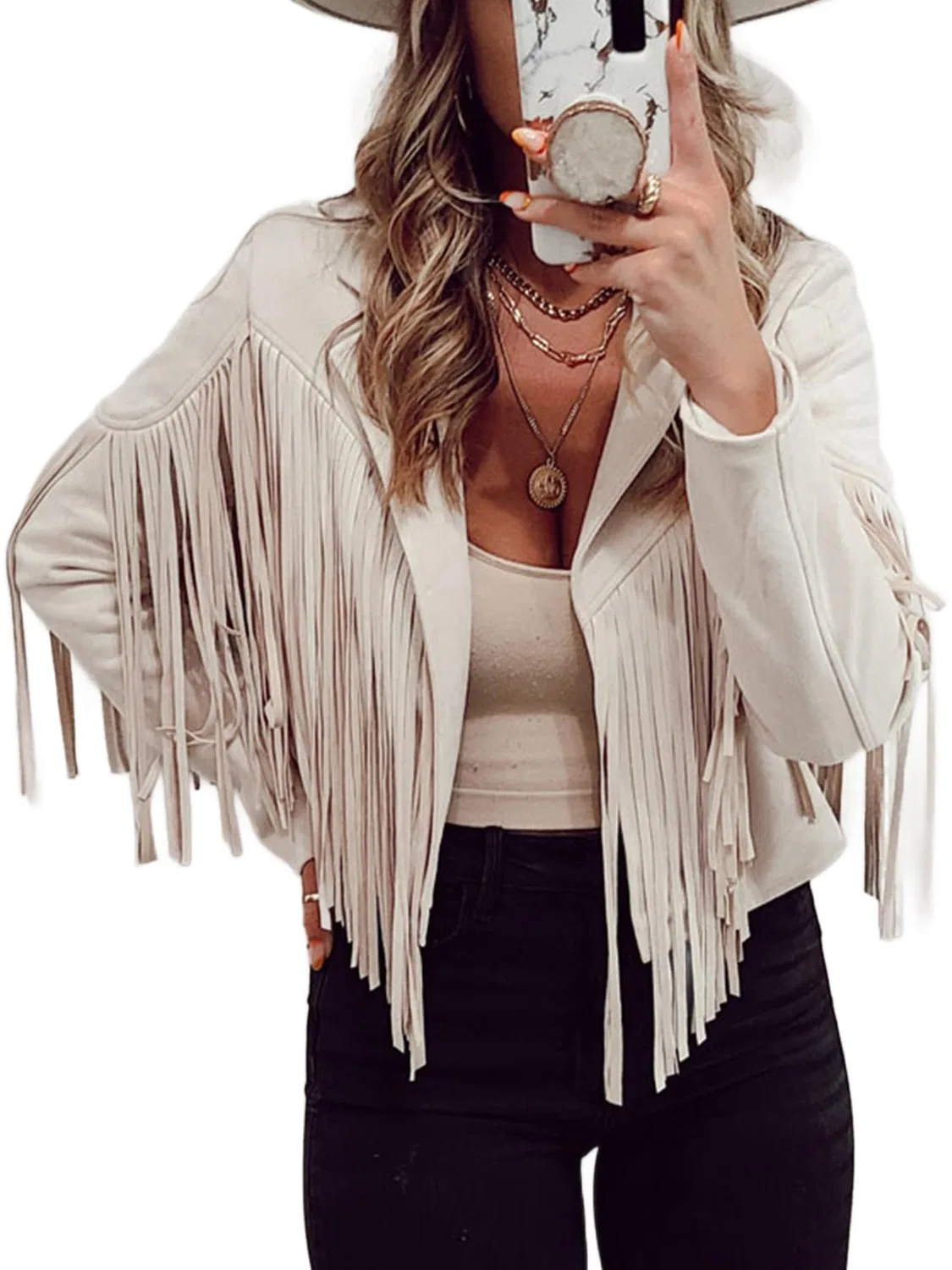 Женская куртка из искусственной замши с бахромой Western Fringe, beige