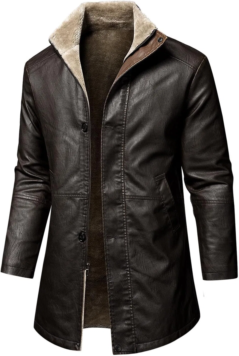 Мужское пальто из экокожи с воротником-лацканом, средняя длина, slim fit, на молнии, кофейный