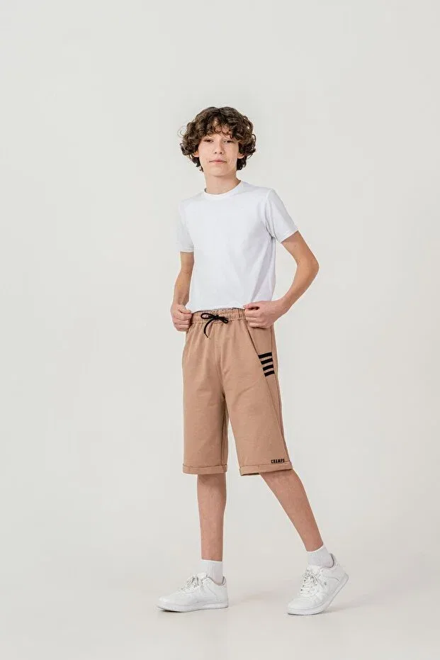 Детские шорты для мальчиков с принтом Champs Printed Sides 4-Stripe Mışıl Kids, Beige — фото 3