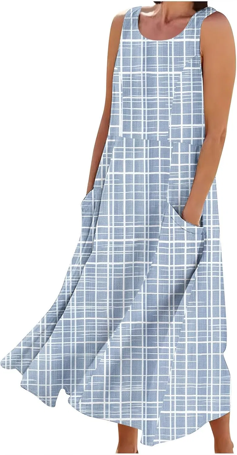 Женское летнее макси-платье с принтом Boho Cotton Linen, Blue