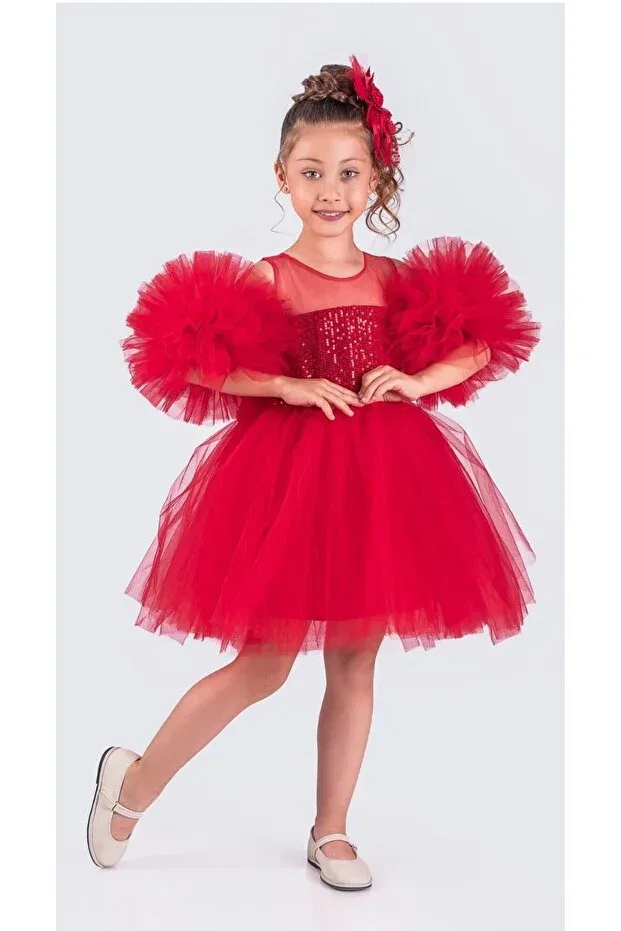 Детское платье для девочек с коротким рукавом Pon Pon Sleeves Sequined April 23rd Dress Tutu Birthday Dress & Girls' Evening Dress Little Pumpkin, Red
